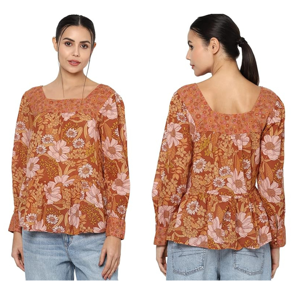 American Eagle | Oversized Orange Retro Floral Babydoll Peasant Top